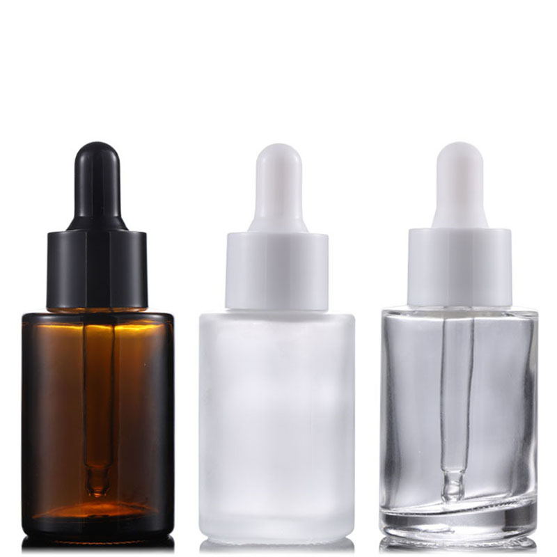 30ML Round Glass Dropper Bottles with Flat Shoulder Amber Clear Frosted