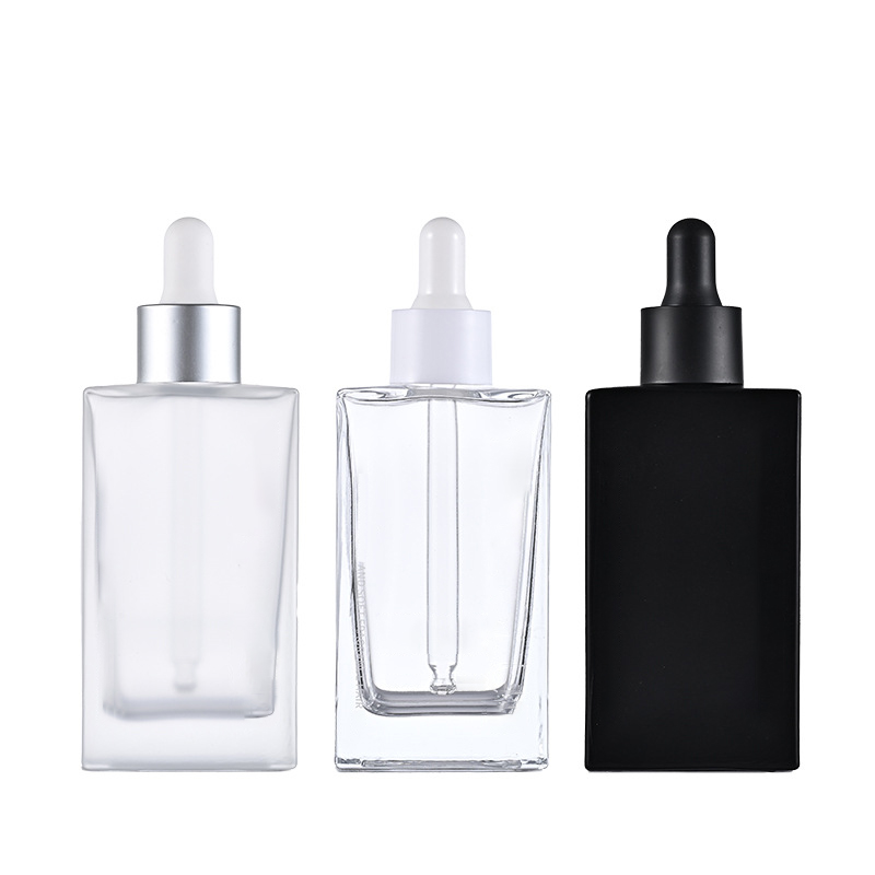 2 OZ Square Glass Dropper Bottles Wholesale 60ML Clear Frosted Black