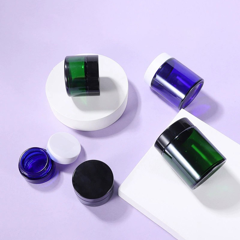 Wholesale Colored Glass Cosmetic Cream Container Jars with Lids Amber Brown Green Clear Transparent Frosted Dark Black Pink Cobalt Blue White