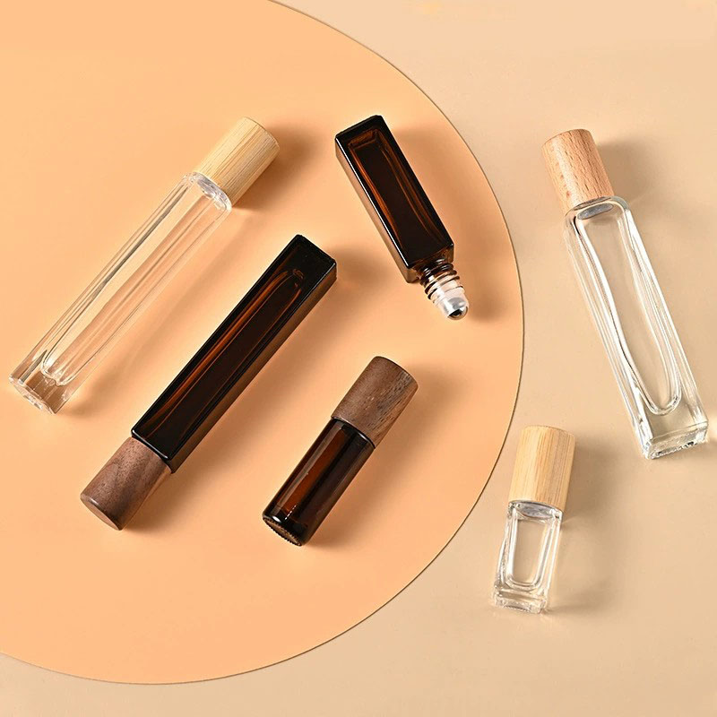 Empty Square Glass Applicator Essential Oil Roll On Bottles with Roller Ball Rollerball Bamboo Lid Cap 10ml Refillable Leak Proof