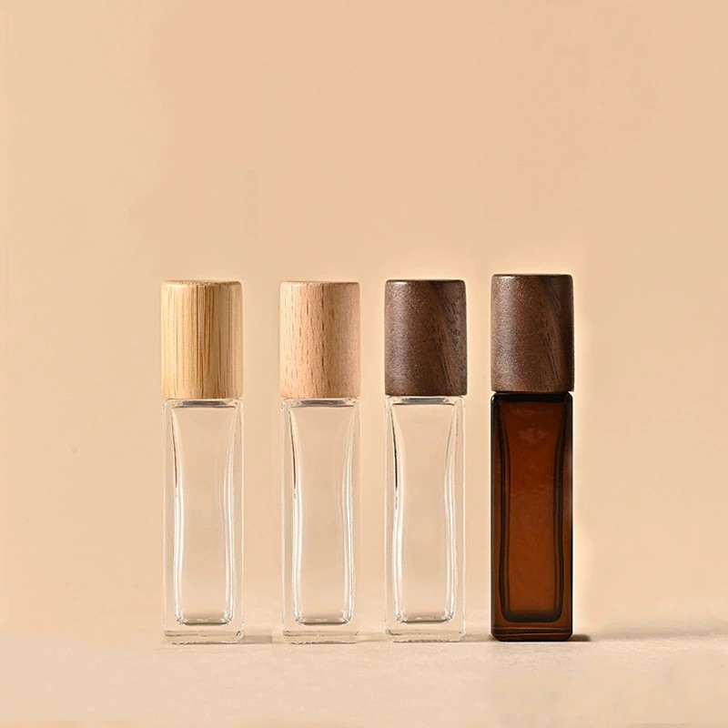 Empty Square Glass Applicator Essential Oil Roll On Bottles with Roller Ball Rollerball Bamboo Lid Cap 10ml Refillable Leak Proof