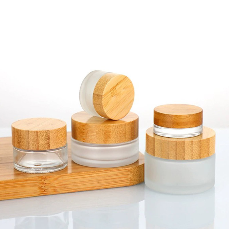 Glass Cosmetic Skincare Container Jars with Screw Top Bamboo Wooden Gold Silver Lid Cover for Lip Balm Lotion Face Cream Ointment Makeup Beauty Storage Wholesale