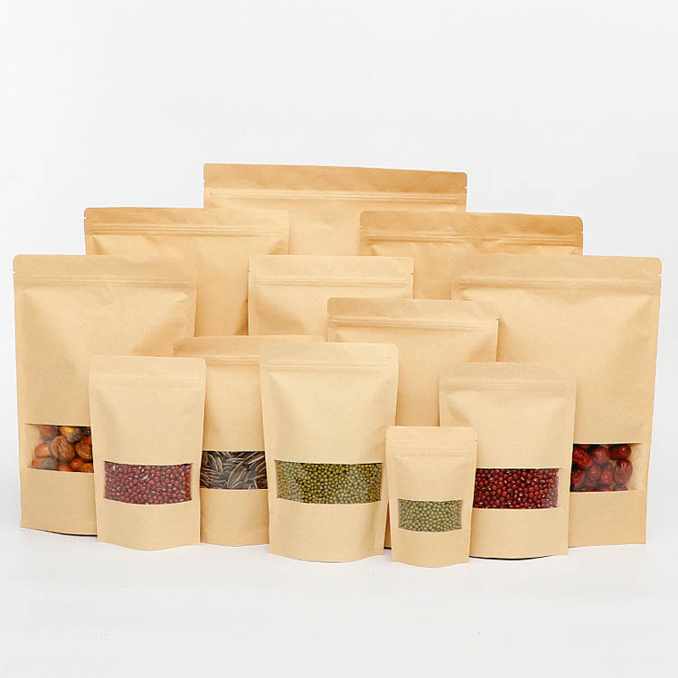 Custom Printed Resealable Kraft Paper Stand Up Ziplock Pouches Bags with Window Packaging Wholesale