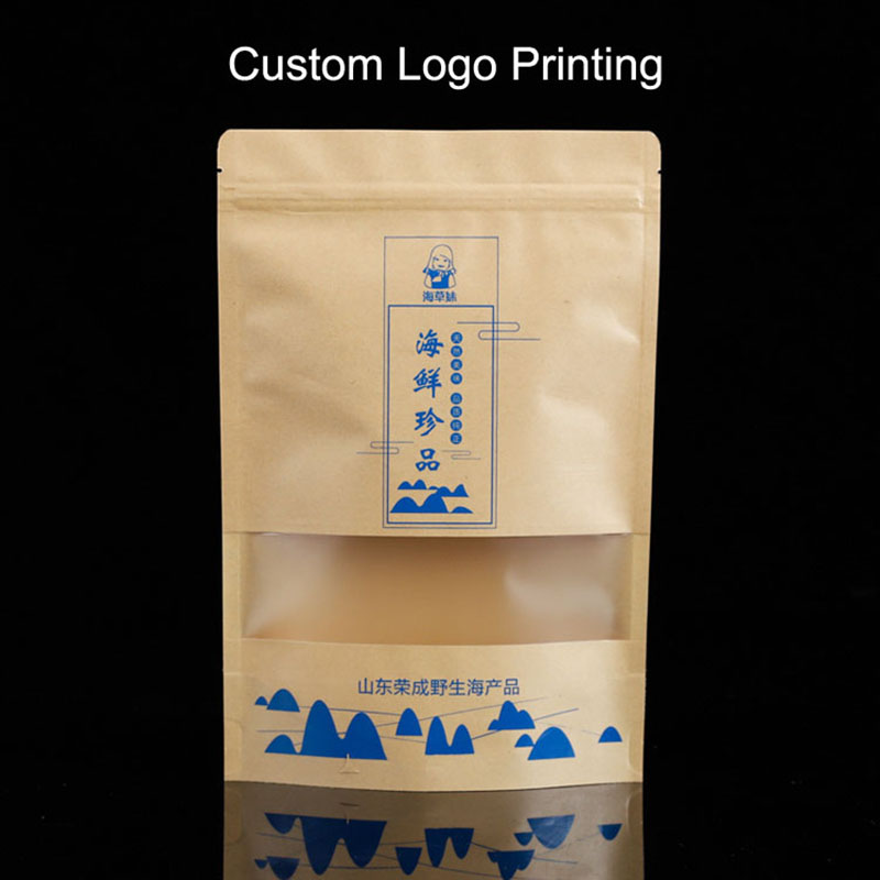Custom Printed Resealable Kraft Paper Stand Up Ziplock Pouches Bags with Window Packaging Wholesale