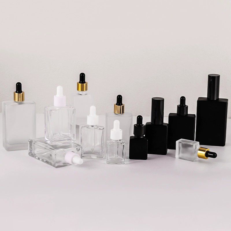 Square Glass Dropper Bottle 15ml 30ml 50ml 100ml Clear Frosted Black Wholesale