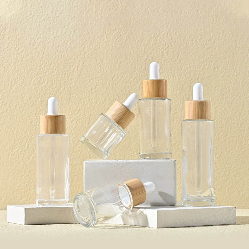 Round Flat Shoulder Glass Dropper Bottles with Bamboo Cap Clear Frosted 20ML 30ML 40ML 50ML 60ML 80ML 100ML