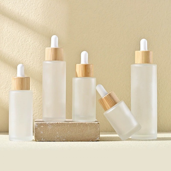 Round Flat Shoulder Glass Dropper Bottles with Bamboo Cap Clear Frosted 20ML 30ML 40ML 50ML 60ML 80ML 100ML