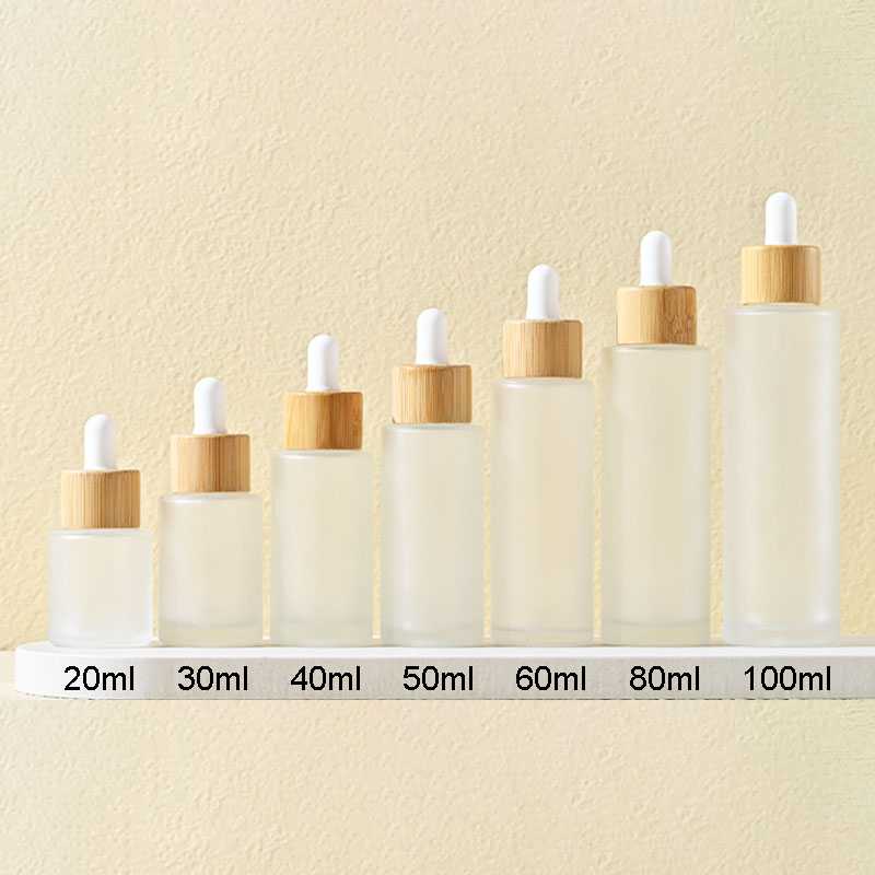 Round Flat Shoulder Glass Dropper Bottles with Bamboo Cap Clear Frosted 20ML 30ML 40ML 50ML 60ML 80ML 100ML