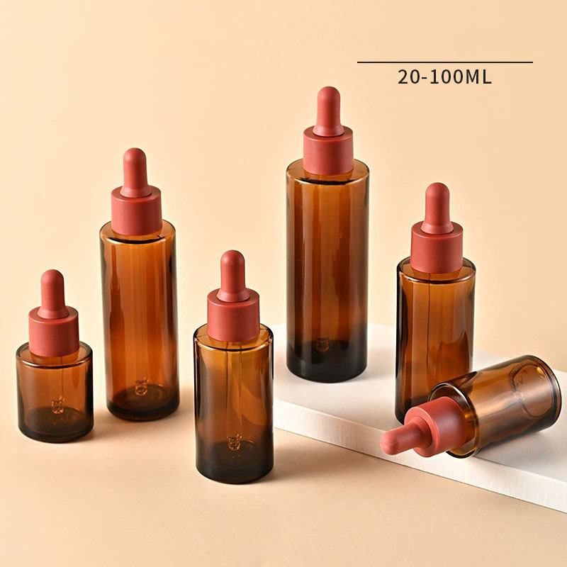 Amber Glass Dropper Bottles with Brown Lid Flat Shoulder 20ML 30ML 40ML 50ML 60ML 80ML 100ML