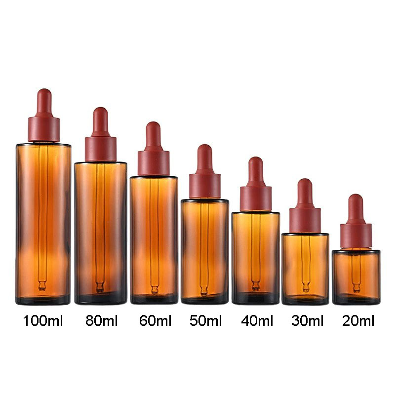 Amber Glass Dropper Bottles with Brown Lid Flat Shoulder 20ML 30ML 40ML 50ML 60ML 80ML 100ML