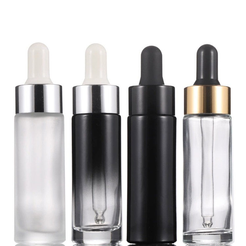15ML Cylinder Glass Dropper Bottles with Flat Shoulder Clear Frosted Black