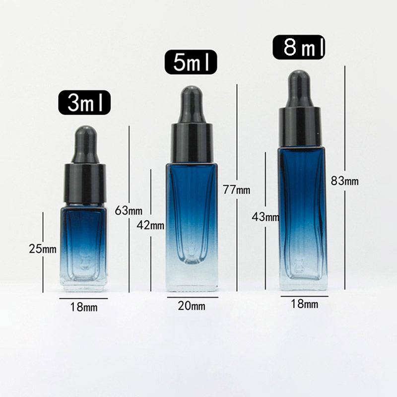 Slim Square Gradient Color Glass Dropper Bottles Turquoise Dark Blue Amber Clear Frosted 3ML 5ML 8ML
