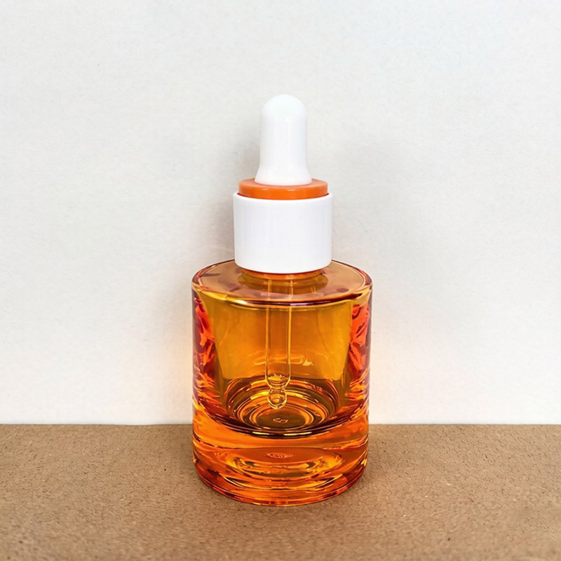30ML Orange Short Round Glass Dropper Bottles with Flat Shoulder 1 OZ