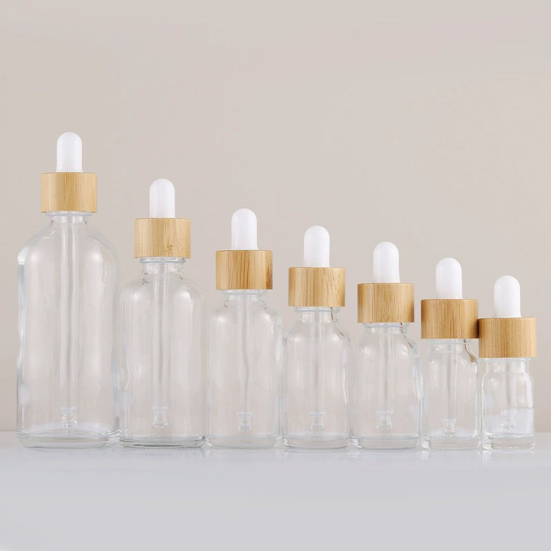 Clear Round Glass Dropper Bottles with Bamboo Lids 5ML 10ML 15ML 20ML 30ML 50ML 100ML 