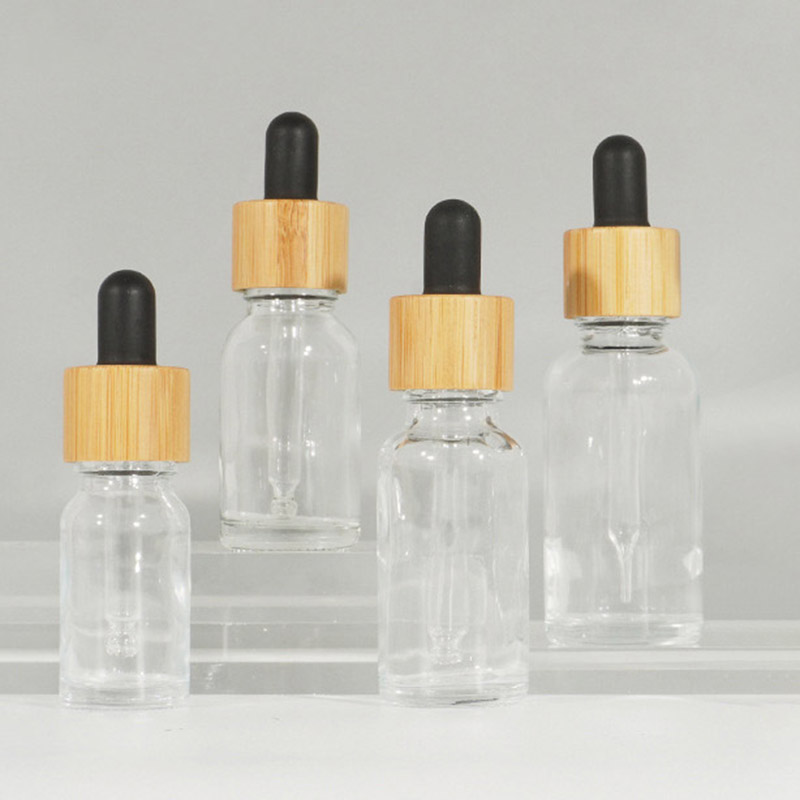 Clear Round Glass Dropper Bottles with Bamboo Lids 5ML 10ML 15ML 20ML 30ML 50ML 100ML 