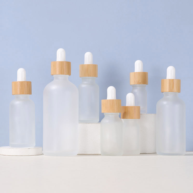 Round Frosted Glass Dropper Bottles with Bamboo Lids 5ML 10ML 15ML 20ML 30ML 50ML 100ML
