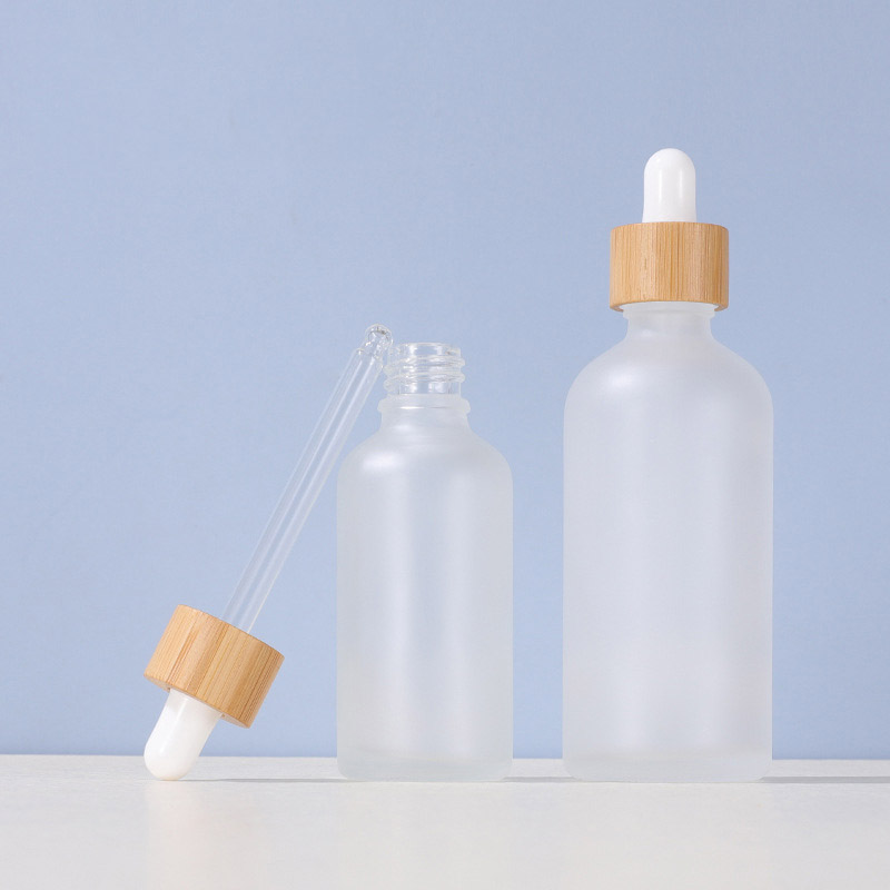 Round Frosted Glass Dropper Bottles with Bamboo Lids 5ML 10ML 15ML 20ML 30ML 50ML 100ML
