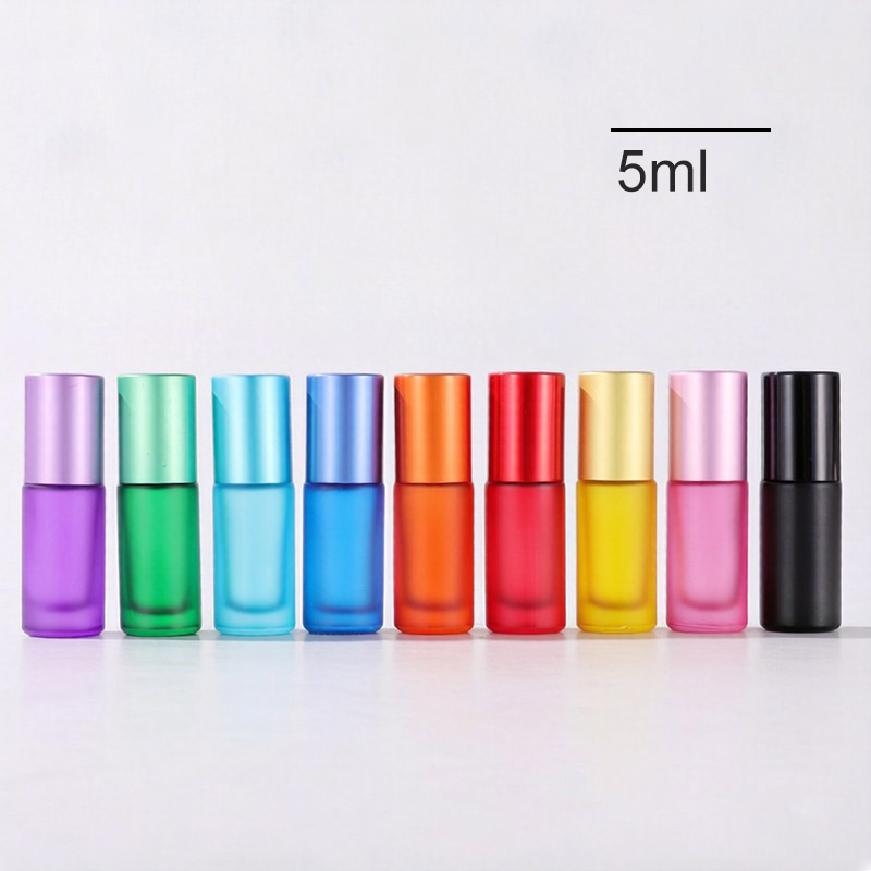 5ML Frosted Colored Glass Roller Bottles Purple Green Blue Orange Red Yellow Pink Black 