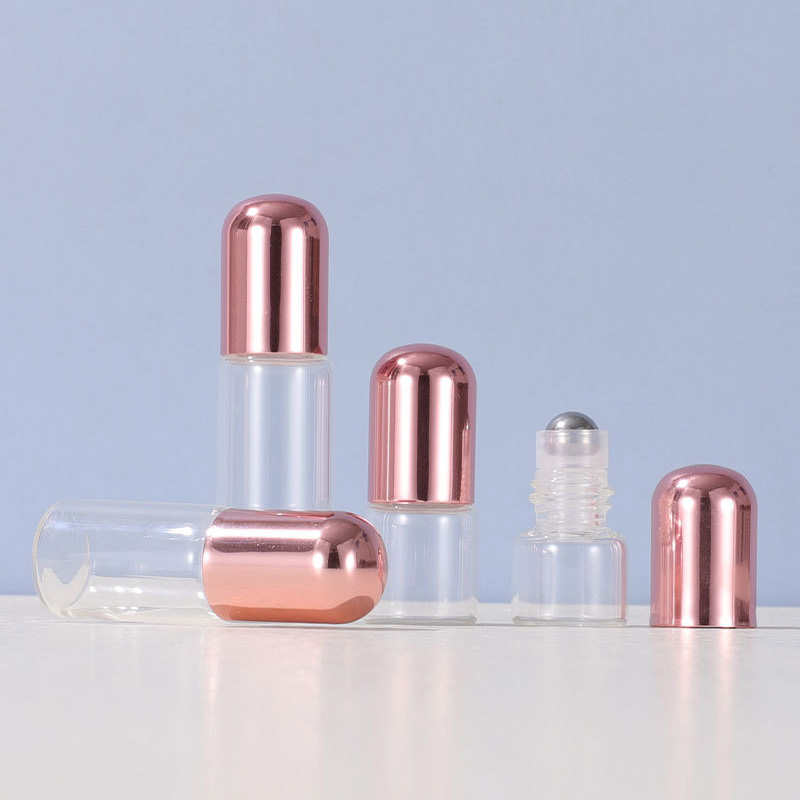 Custom Small Bottles Clear Glass Roller Vials with Rose Gold lids Caps 1 2 3 4 5 ML Dram Tiny Bulk