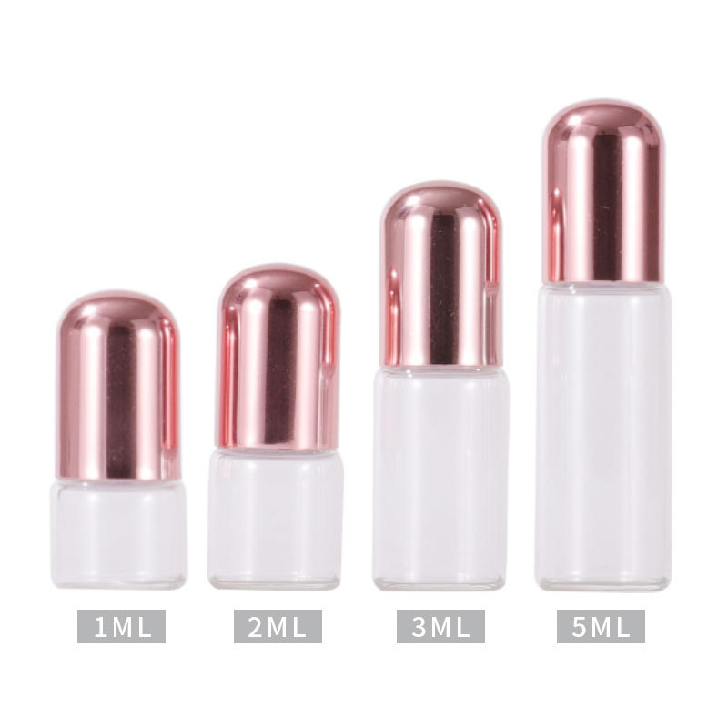 Custom Small Bottles Clear Glass Roller Vials with Rose Gold lids Caps 1 2 3 4 5 ML Dram Tiny Bulk