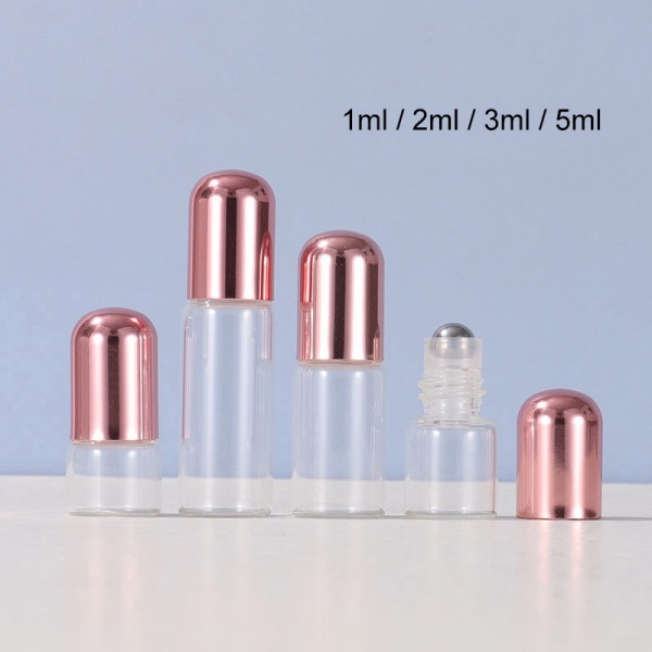 Custom Small Bottles Clear Glass Roller Vials with Rose Gold lids Caps 1 2 3 4 5 ML Dram Tiny Bulk
