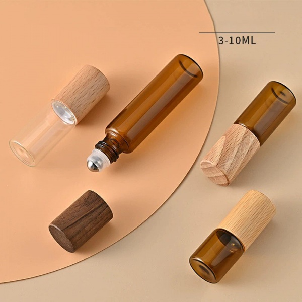 Slim Glass Roller Ball Vials with Wood Bamboo Caps Amber Clear 3ML 5ML 10ML