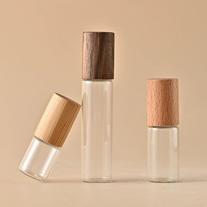 Slim Glass Roller Ball Vials with Wood Bamboo Caps Amber Clear 3ML 5ML 10ML