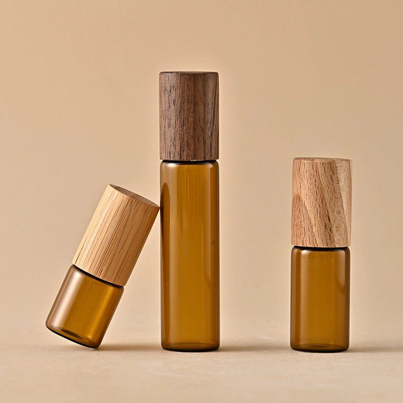 Slim Glass Roller Ball Vials with Wood Bamboo Caps Amber Clear 3ML 5ML 10ML