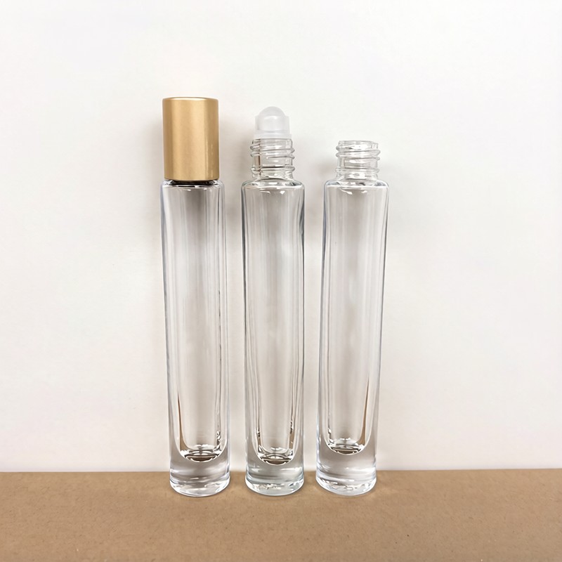 10ML Slim Clear Round Thick Glass Roller Bottles with Gold Silver Caps