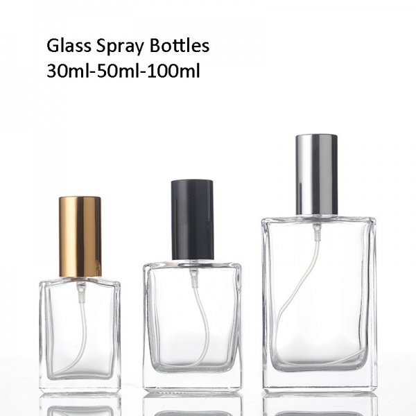 Empty Square Glass Fine Mist Spray Bottles with Caps 30ML 50ML 100ML