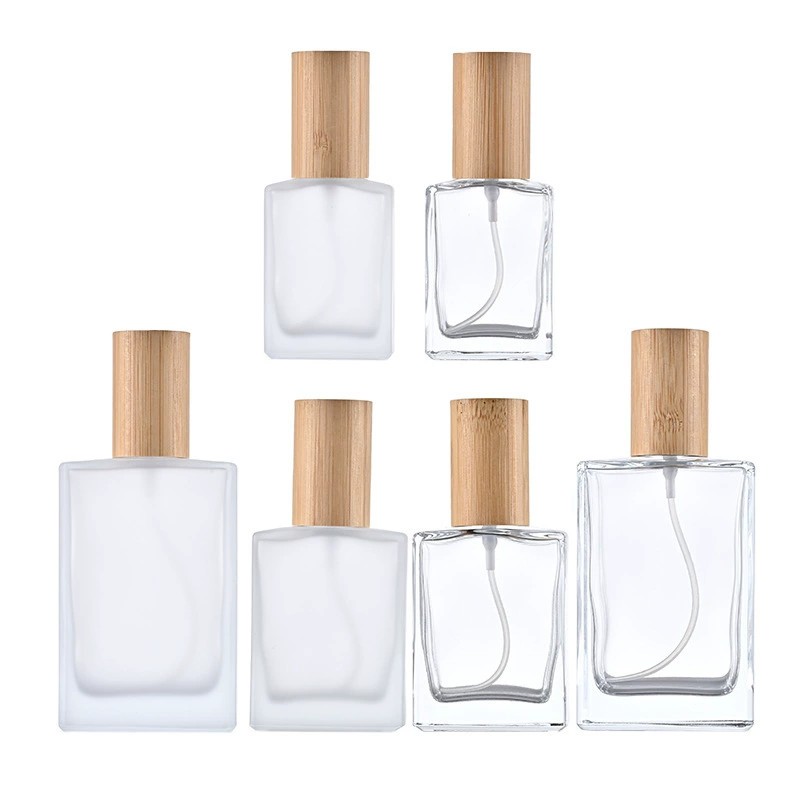 Empty Square Glass Spray Bottles with Bamboo Caps 30ML 50ML 100ML Clear Frosted