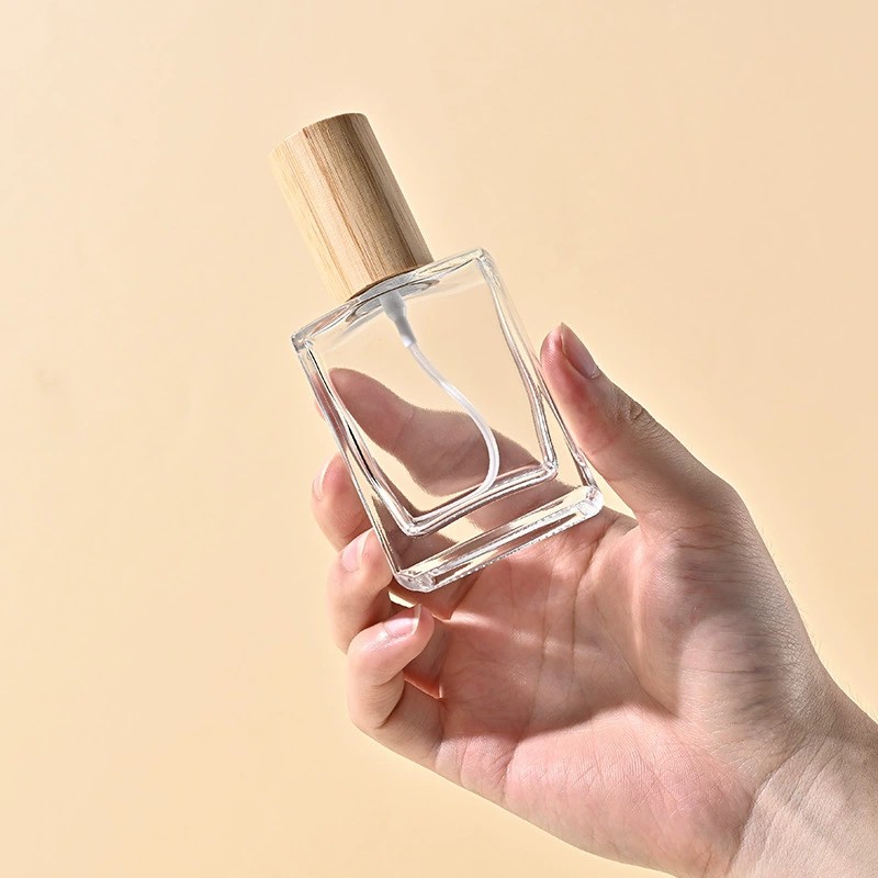 Empty Square Glass Spray Bottles with Bamboo Caps 30ML 50ML 100ML Clear Frosted