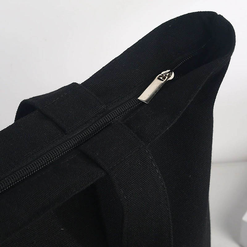 Cotton Canvas Tote Bag with Zipper Zip Up Top Black Small Extra Large Heavy Duty